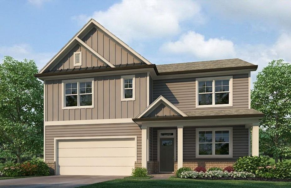 Front exterior of a new home in Hamptons at Riverwood South, Dallas, GA, highlighting curb appeal (Image 1).