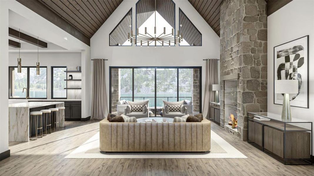 Living area with a stone fireplace, light wood-style flooring, high vaulted ceiling, and wooden ceiling Living area with a stone fireplace, light wood-style flooring, high vaulted ceiling, and wooden ceiling