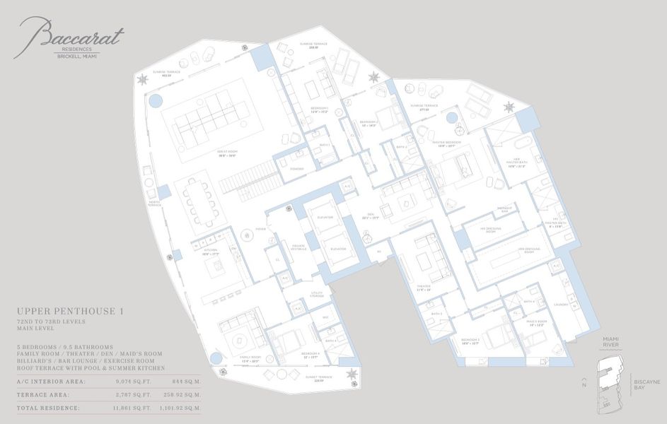 2D floor plan layout for the Upper penthouse 1 by Related Group in Baccarat Residences Miami, Miami, FL (Image 1).