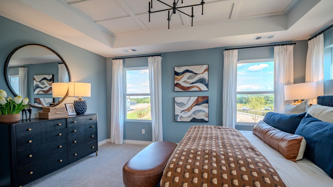 Primary suite with tray and accent ceiling, carpet, and windows