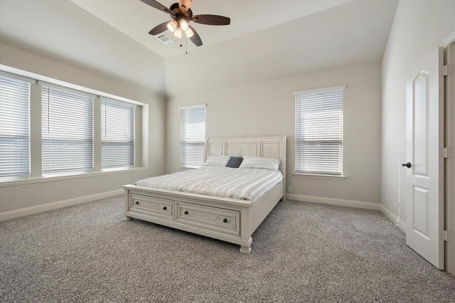 Carpeted primary bedroom with lofted ceiling and ceiling fan is very large and provides lots of natural light including a window seat.