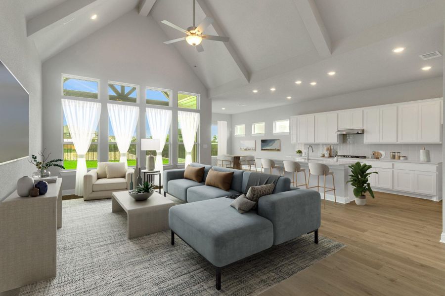 Living area with high vaulted ceiling, light wood-type flooring, recessed lighting, and beam ceiling