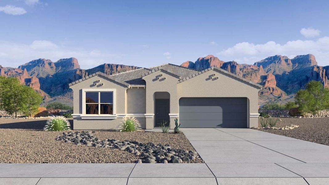 Representative exterior photo of a completed home built from the Ashburn by D.R. Horton in Entrada Del Oro, Gold Canyon, AZ (Image 2). Representative exterior photo of a completed home built from the Ashburn by D.R. Horton in Entrada Del Oro, Gold Canyon, AZ (Image 2).