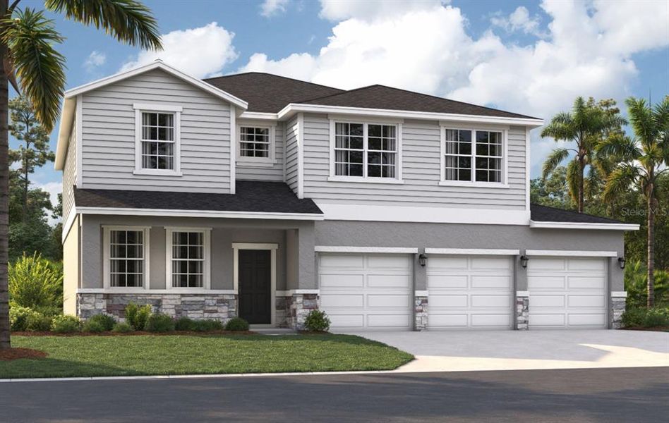 Front exterior of a new home in Groves at Grand Island, Grand Island, FL, highlighting curb appeal (Image 1). Front exterior of a new home in Groves at Grand Island, Grand Island, FL, highlighting curb appeal (Image 1).