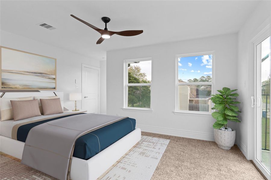 Come home to your primary suite and sink your toes to start your day on the lush carpet!  Step outside to that private balcony.  This is what I call the lifestyle of lake living!  * virtual stage*