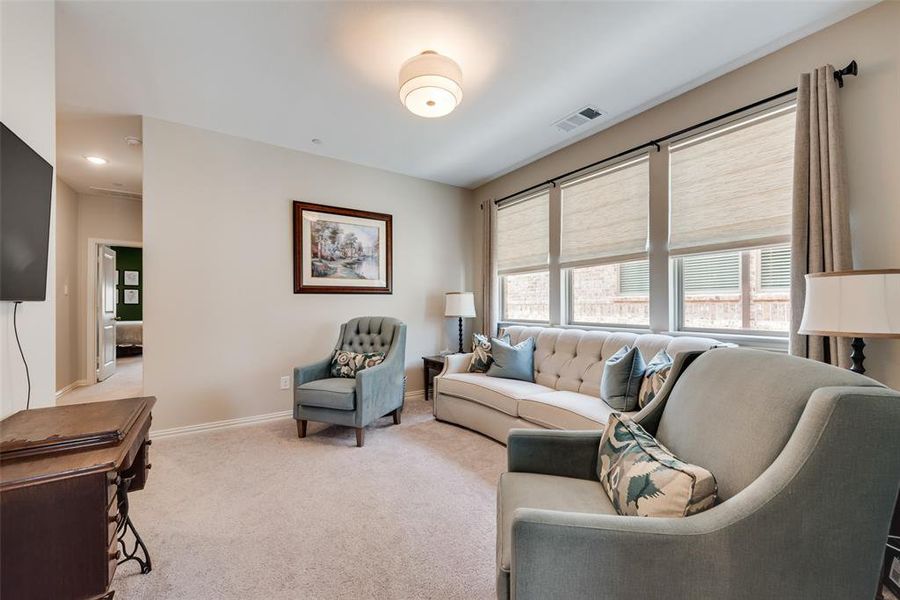 Living area featuring neutral-toned carpeting and light-colored walls and Levolor bottom up-top down shades Living area featuring neutral-toned carpeting and light-colored walls and Levolor bottom up-top down shades
