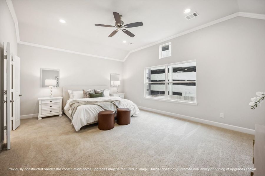 With standard ceiling fan and available wood floors, this primary bedroom offers both comfort and elegance.