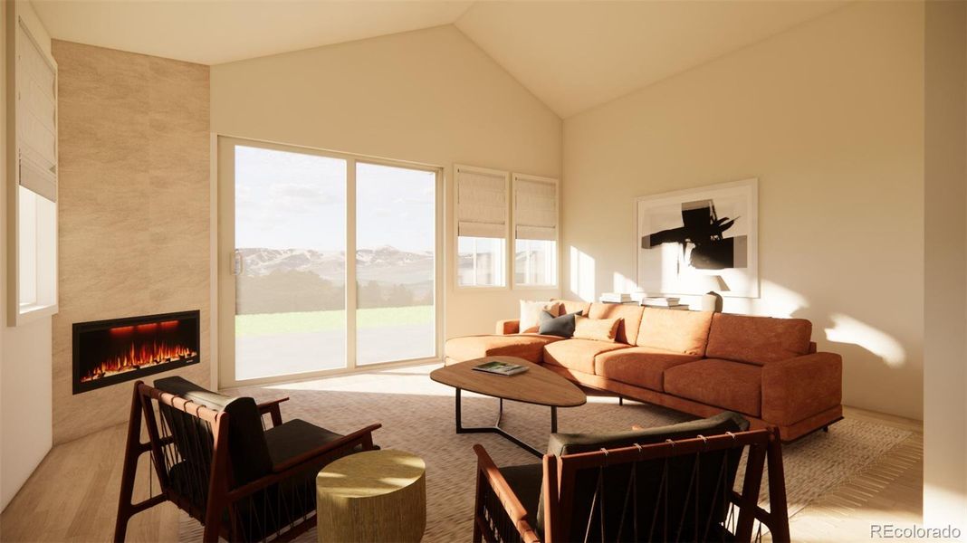 Cozy up by the corner fireplace in winter with guests or just a good book! *This is a 3D rendering.