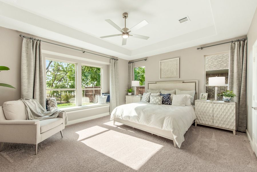 Master bedroom with tray ceiling, ceiling fan, large windows, and neutral carpet flooring