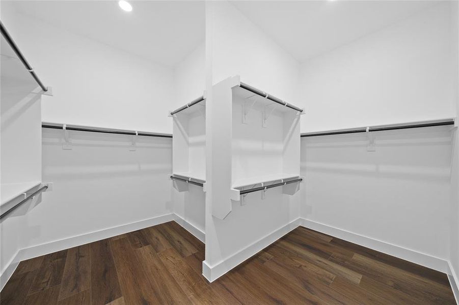 Spacious walk-in closet featuring wood-finish flooring, white walls, built-in shelving, and multiple clothing rods