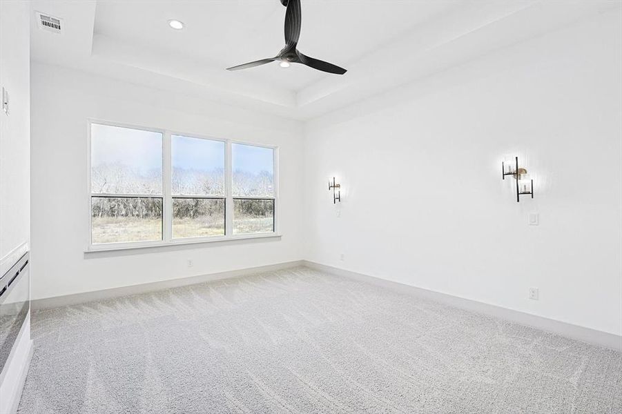 Spare room featuring a raised ceiling, ceiling fan, and light colored carpet