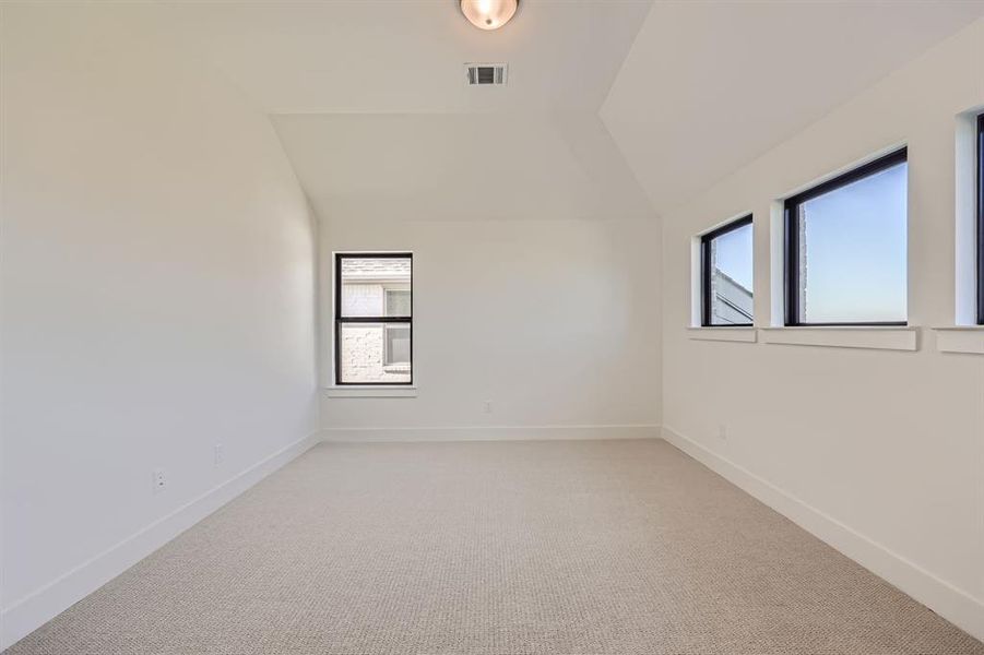 Empty room featuring lofted ceiling and light carpet