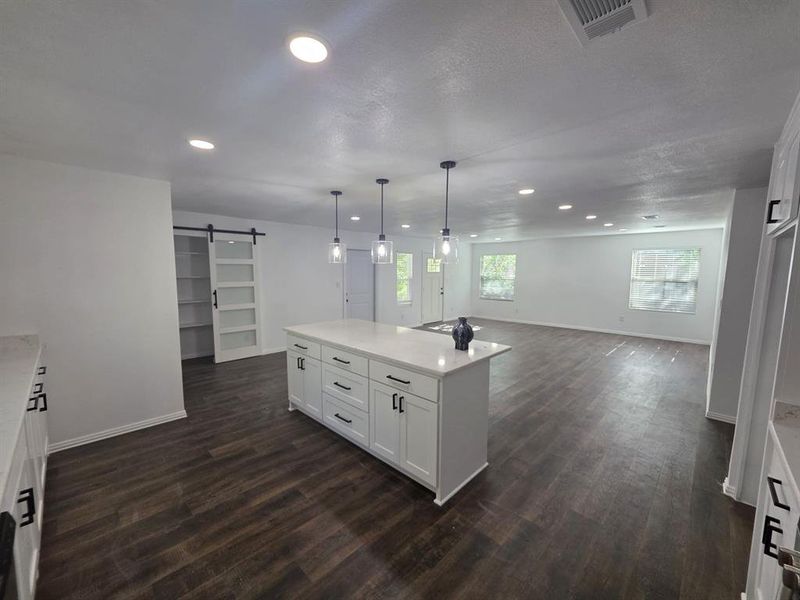 Kitchen with a barn door, open floor plan, dark wood-type flooring, recessed lighting, and white cabinetry Kitchen with a barn door, open floor plan, dark wood-type flooring, recessed lighting, and white cabinetry
