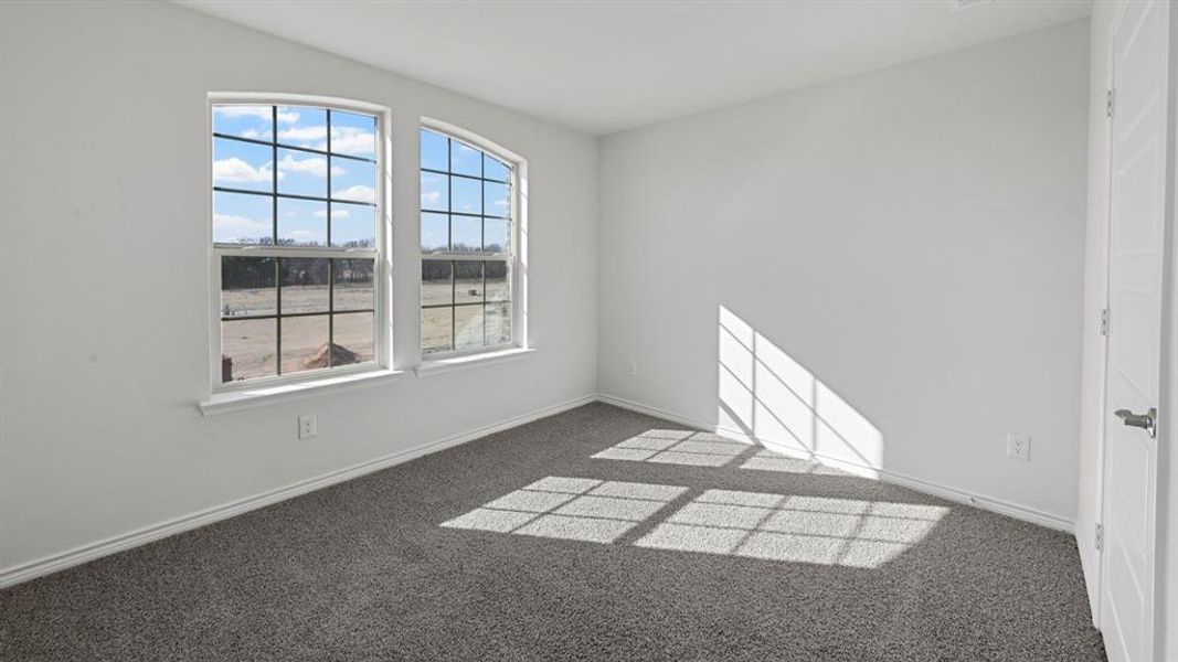 Bright room featuring two arched windows, neutral wall paint, gray carpeting, and a contemporary panel door with chrome hardware Bright room featuring two arched windows, neutral wall paint, gray carpeting, and a contemporary panel door with chrome hardware