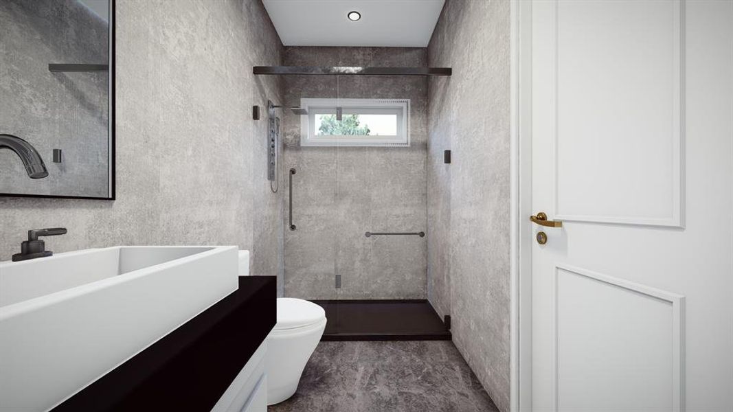 Full bath with vanity and a stall shower