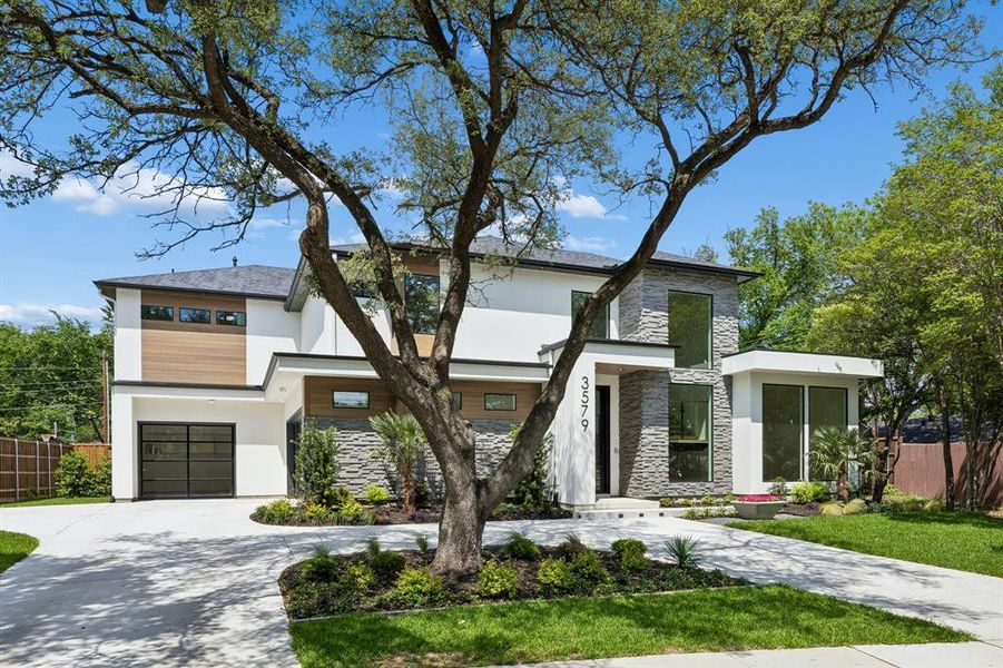 A beautiful tree provides shade for the circle drive and entry