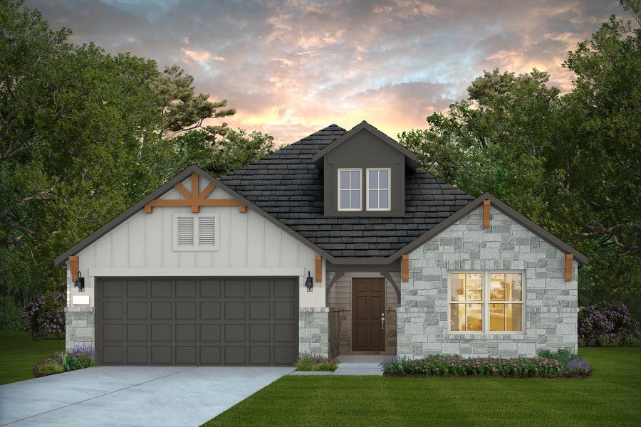 Front exterior of a new home in Legacy at Lake Dunlap, New Braunfels, TX, highlighting curb appeal (Image 1). Front exterior of a new home in Legacy at Lake Dunlap, New Braunfels, TX, highlighting curb appeal (Image 1).