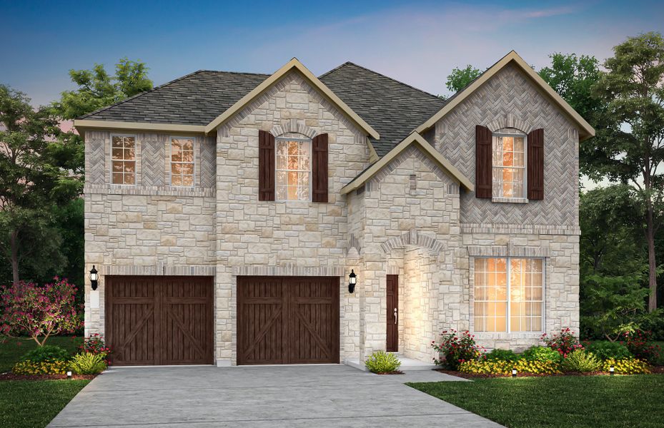 Exterior D with stone, shutters, and 2-car garage