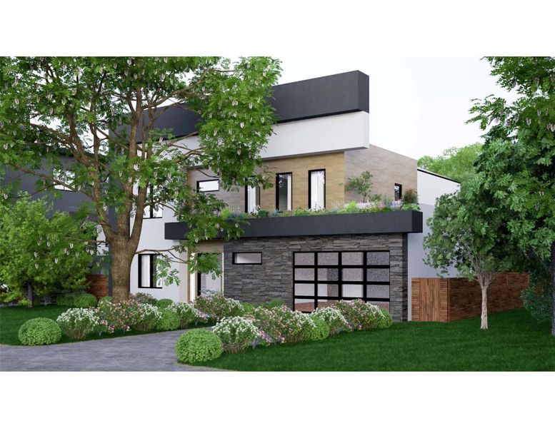 Stunning modern façade with sleek lines, stone details, and vibrant greenery.
