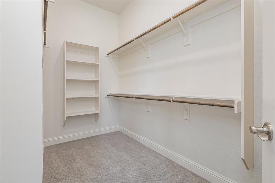 Walk in closet featuring light carpet Walk in closet featuring light carpet