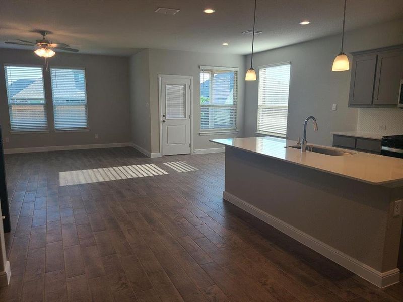 Kitchen facing Dining and Living