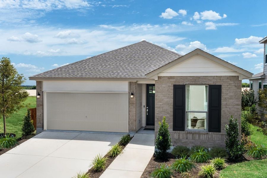 Representative exterior photo of a completed home built from the 1477 Modeled by KB Home in Overlook Ranch, Georgetown, TX (Image 12). Representative exterior photo of a completed home built from the 1477 Modeled by KB Home in Overlook Ranch, Georgetown, TX (Image 12).