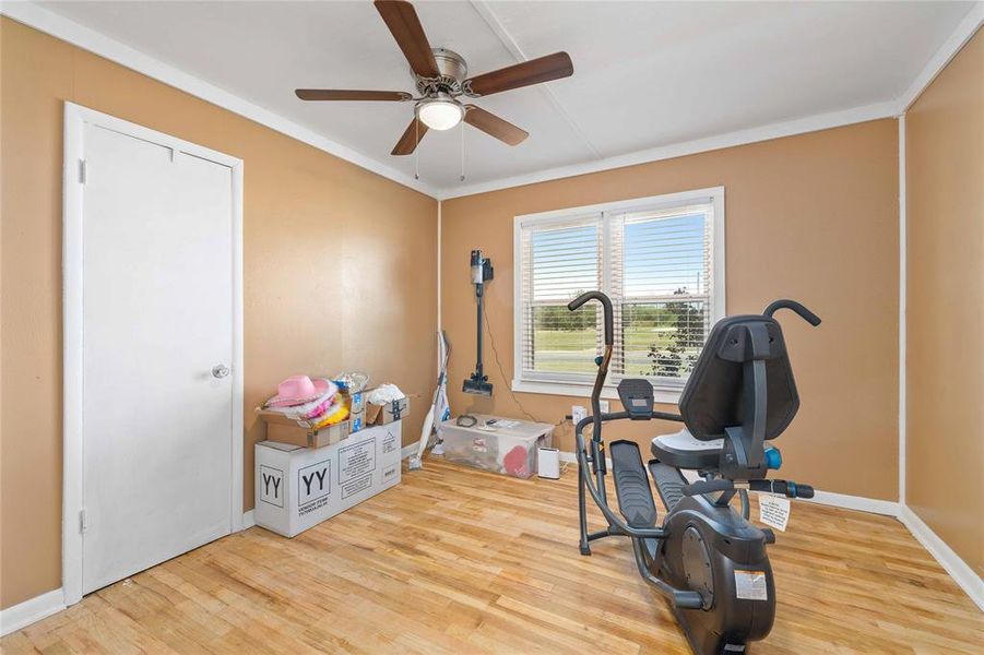 Exercise room with wood finished floors, crown molding, and a ceiling fan Exercise room with wood finished floors, crown molding, and a ceiling fan
