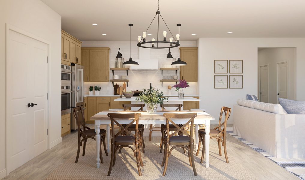 Dining area with chandelier overlooking kitchen