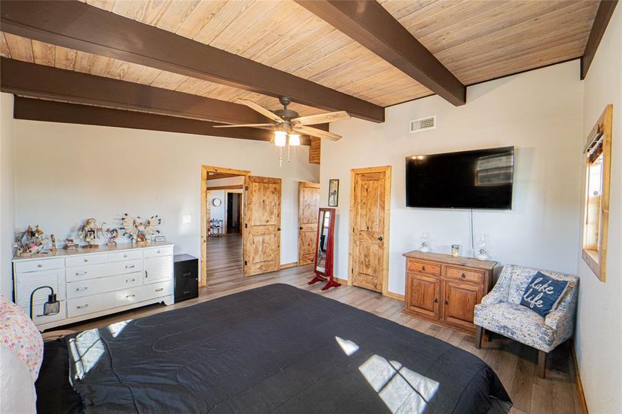 Bedroom with light wood-style flooring, ceiling fan, and wood ceiling Bedroom with light wood-style flooring, ceiling fan, and wood ceiling
