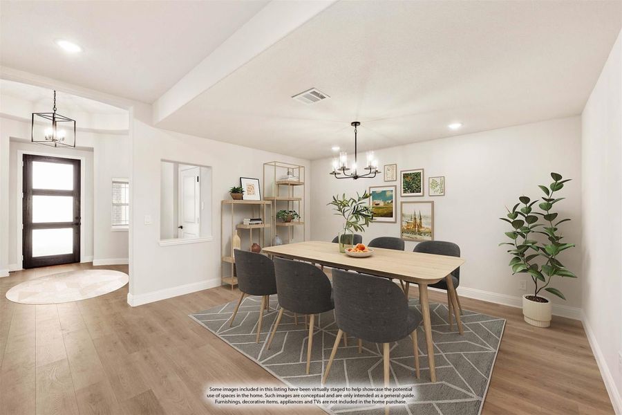 Dining room with wood table, six gray chairs, chandelier, and hardwood floors, open to entryway