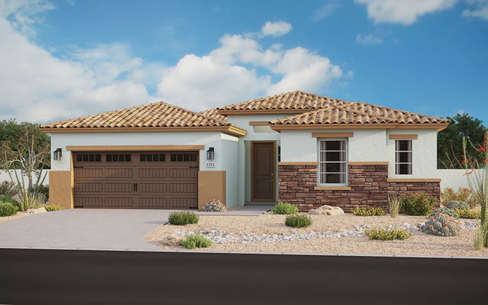 Front exterior of a new home in Forté at Granite Vista, Waddell, AZ, highlighting curb appeal (Image 19).