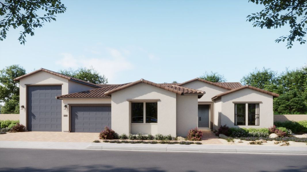 Front exterior of a new home in Estates at Kings Ranch, Gold Canyon, AZ, highlighting curb appeal (Image 21).