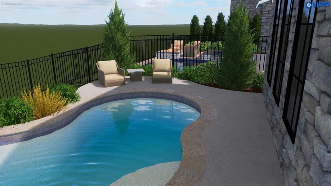 This rendering showcases a pool option that can be added. The spacious lot offers plenty of room to create your own private backyard retreat.