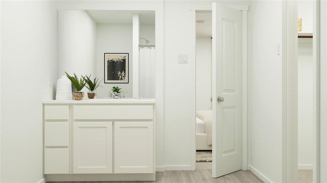 Bathroom with wood-type flooring, vanity, and a shower with shower curtain