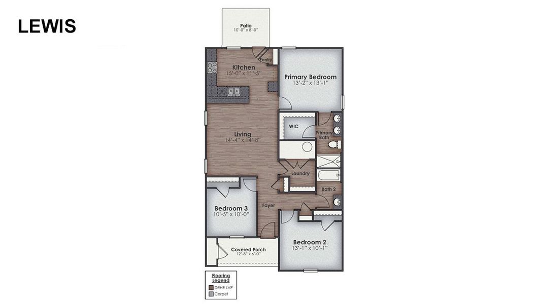 2D floor plan layout for the LEWIS by D.R. Horton in The Cottages at Blake Farm, Wilmington, NC (Image 6).