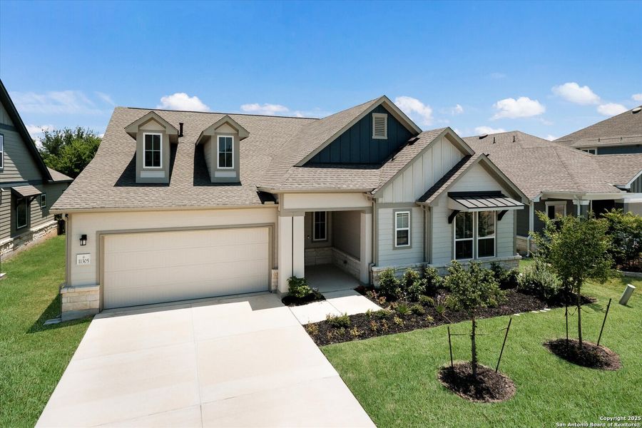 Front exterior of a new home in The Crossvine, Schertz, TX, highlighting curb appeal (Image 22).