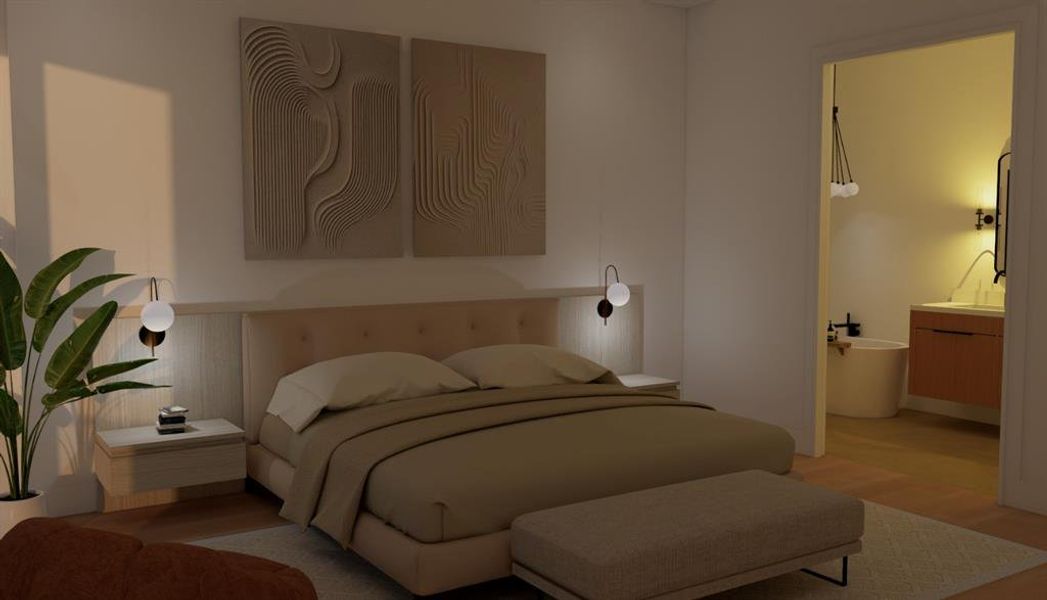 Bedroom with light wood-type flooring and connected bathroom