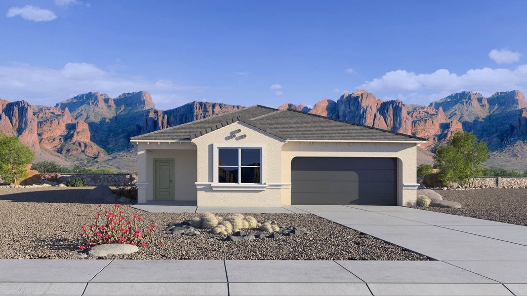 Front exterior of a new home in Entrada Del Oro, Gold Canyon, AZ, highlighting curb appeal (Image 1). Front exterior of a new home in Entrada Del Oro, Gold Canyon, AZ, highlighting curb appeal (Image 1).