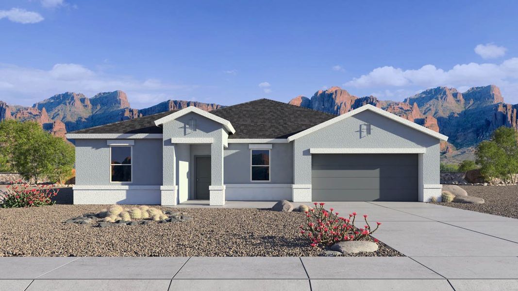 Front exterior of a new home in Carlton Commons, Casa Grande, AZ, highlighting curb appeal (Image 1). Front exterior of a new home in Carlton Commons, Casa Grande, AZ, highlighting curb appeal (Image 1).
