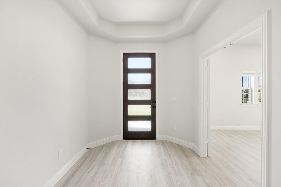 Empty room with tray ceiling, light wood floors, and dark wood door with glass panels