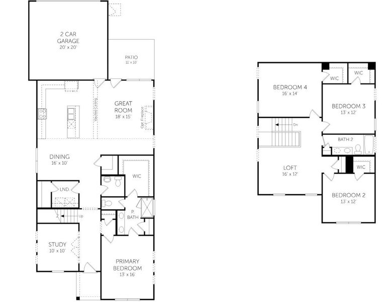 2D floor plan layout for the Dawson - Cottage Series by Dream Finders Homes in The Settlement, Simpsonville, SC (Image 3). 2D floor plan layout for the Dawson - Cottage Series by Dream Finders Homes in The Settlement, Simpsonville, SC (Image 3).
