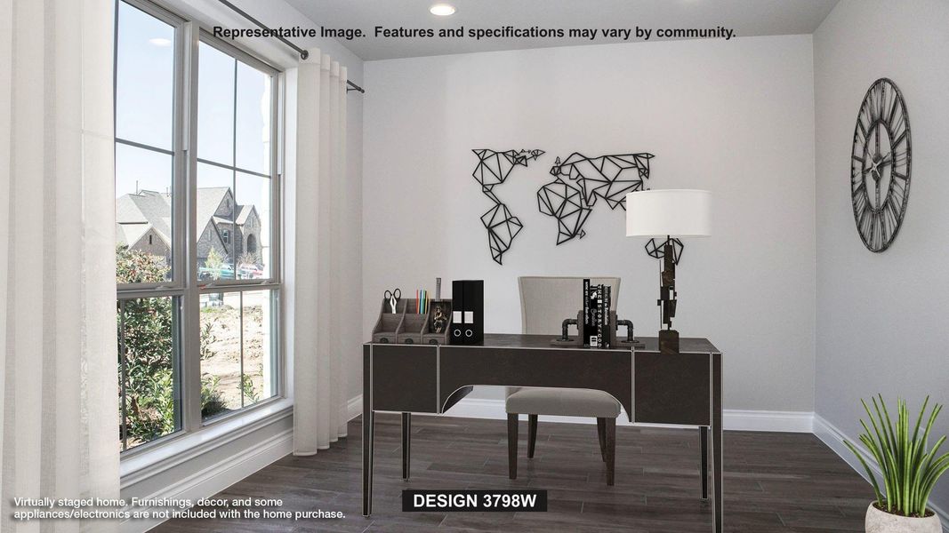 Office space with dark wood-type flooring and recessed lighting Office space with dark wood-type flooring and recessed lighting