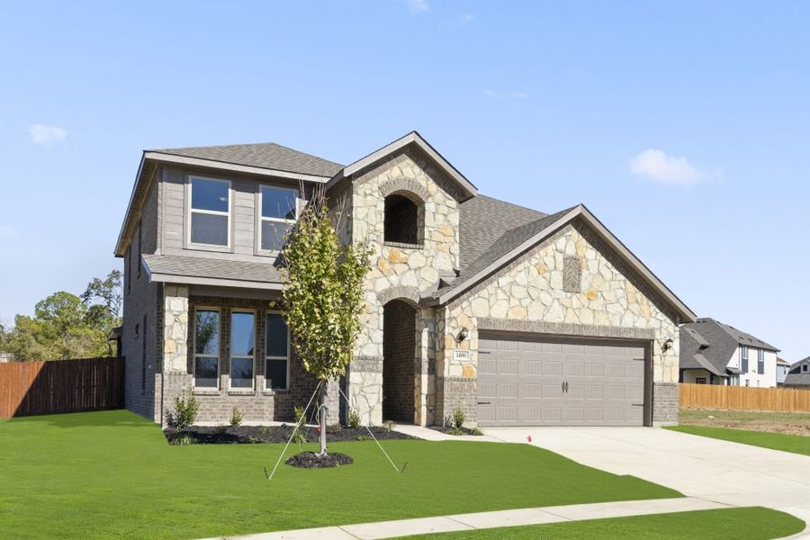 Representative exterior photo of a completed home built from the Raleigh by Impression Homes in Keeneland, Aubrey, TX (Image 2). Representative exterior photo of a completed home built from the Raleigh by Impression Homes in Keeneland, Aubrey, TX (Image 2).