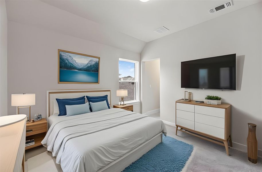 Bedroom featuring light colored carpet and vaulted ceiling Bedroom featuring light colored carpet and vaulted ceiling