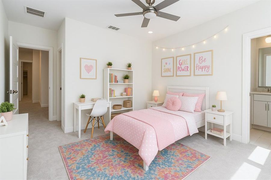 Bedroom featuring light carpet, ensuite bath, baseboards, and a ceiling fan
