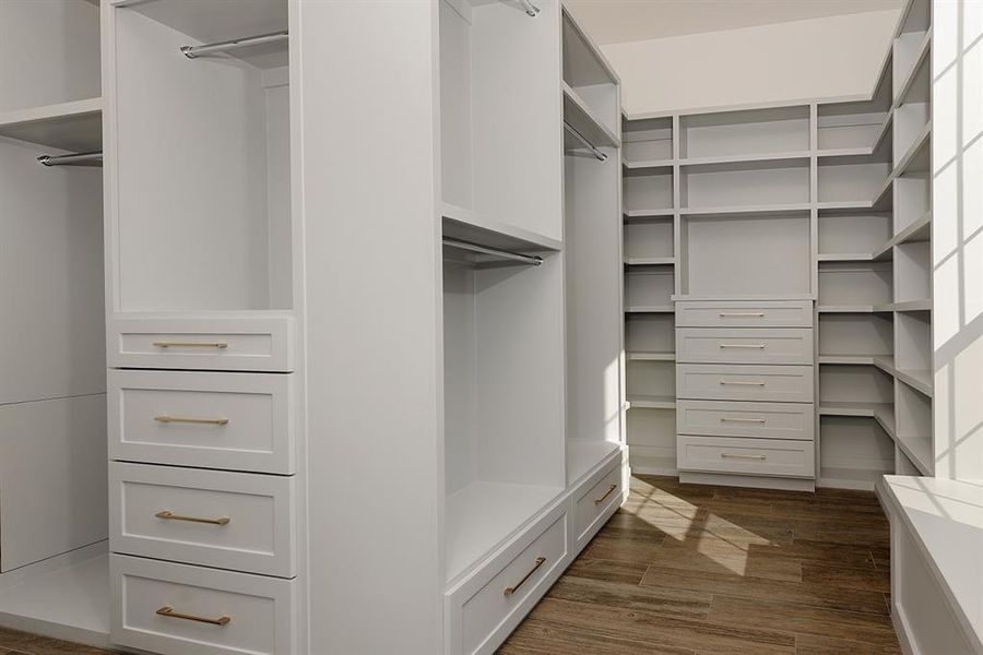 Custom closet with shelving and built-ins.