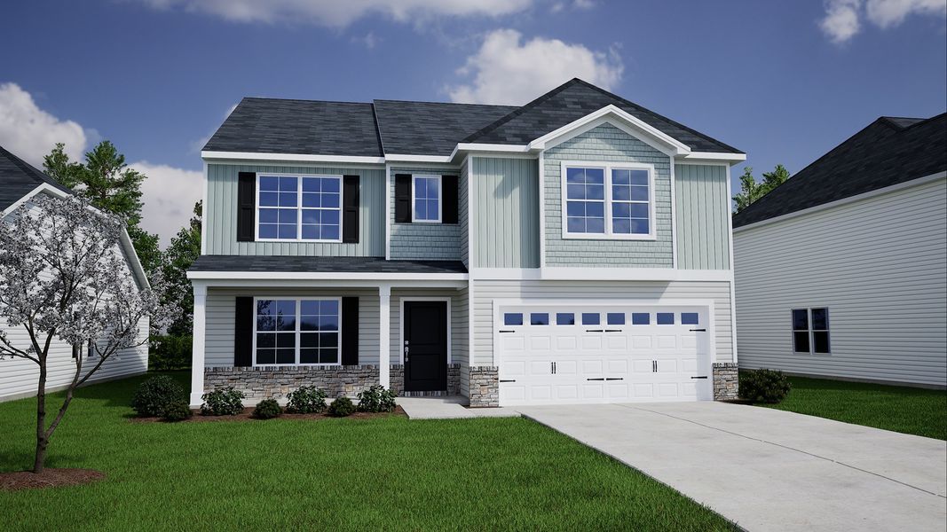 Representative exterior photo of a completed home built from the Wilkinson - Genesis Value Collection by Mungo Homes in Ellington, Elgin, SC (Image 33). Representative exterior photo of a completed home built from the Wilkinson - Genesis Value Collection by Mungo Homes in Ellington, Elgin, SC (Image 33).