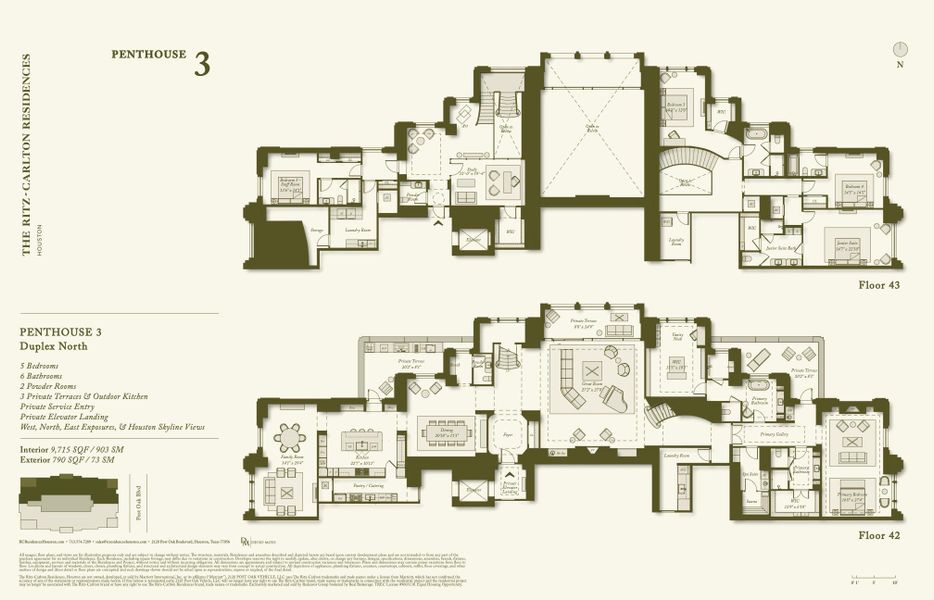 The two-story penthouse spans 9,715 square feet with 790 square feet of exterior living space. It includes 5 bedrooms, 6 bathrooms, and 2 powder baths. Designed for exceptional living across two levels, each corner of the residence is thoughtfully planned for functional use, complemented by stunning views throughout.