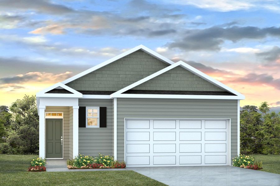 Front exterior of a new home in Pine Hills at Cane Bay, Summerville, SC, highlighting curb appeal (Image 1). Front exterior of a new home in Pine Hills at Cane Bay, Summerville, SC, highlighting curb appeal (Image 1).
