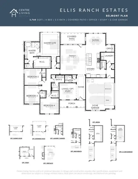 2D floor plan layout for the Belmont by Centre Living Homes in Ellis Ranch Estates, Waxahachie, TX (Image 4).